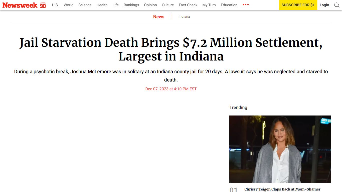 Jail Starvation Death Brings $7.2 Million Settlement ... - Newsweek