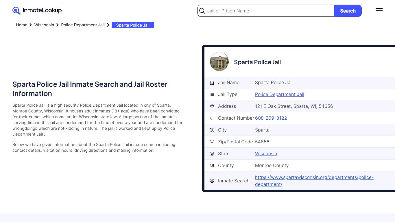 Sparta Police Jail (WI) Inmate Search Wisconsin - Inmate Lookup